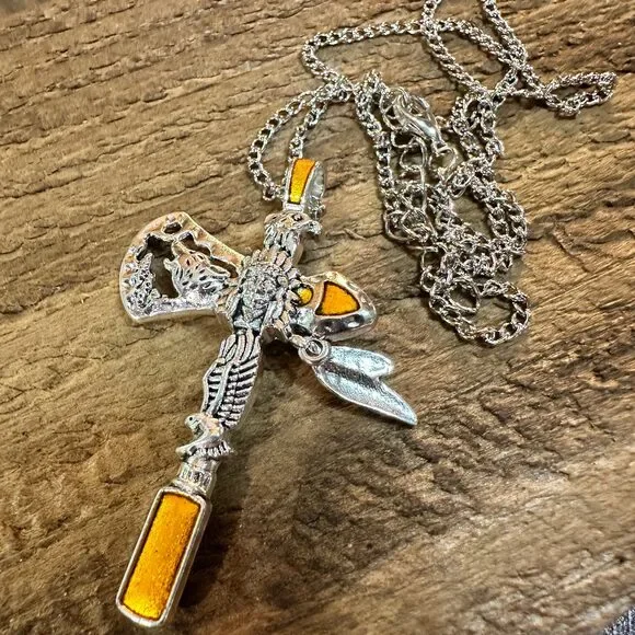 Navajo Style Indian Eagle Necklace With Mixed Metals On Adjustable 18 Inch Chain - Picture 5 of 6